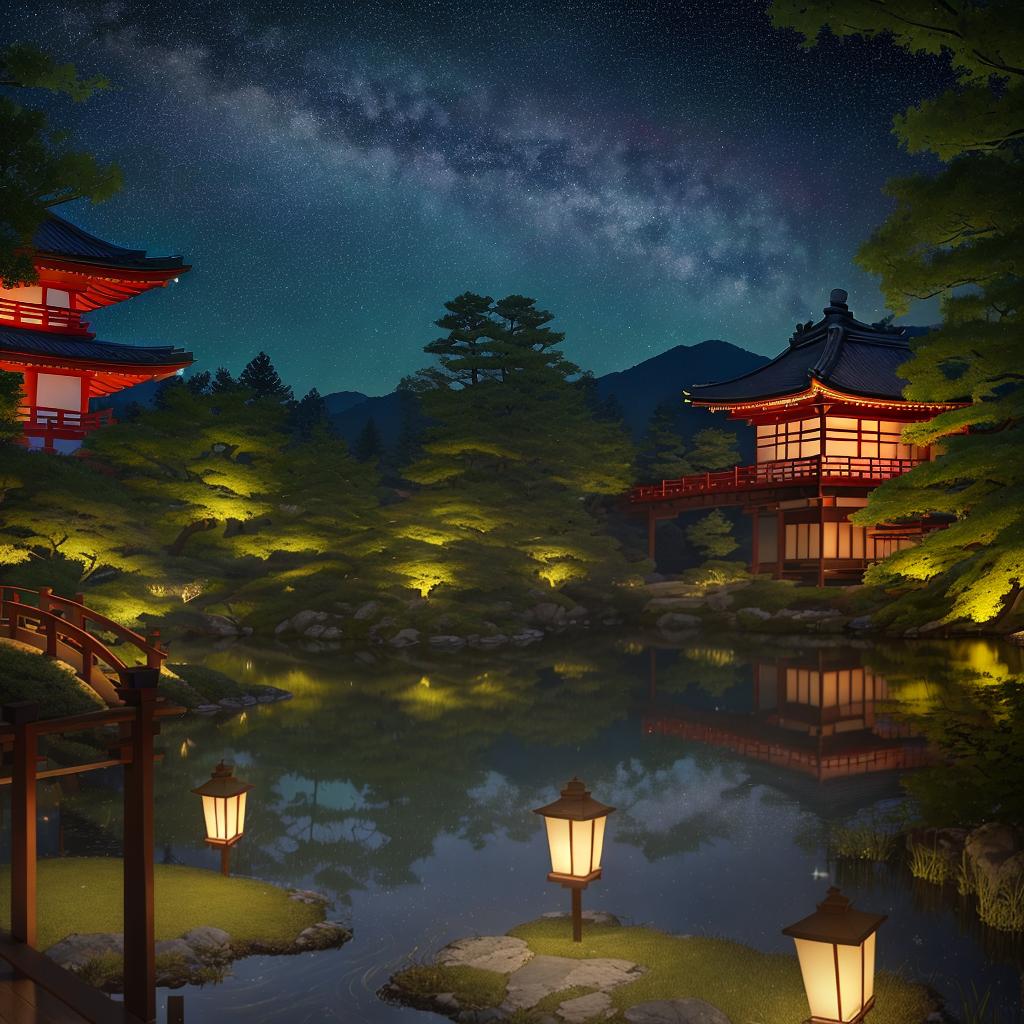  masterpiece, best quality, (Fidelity: 1.4), Best Quality, Masterpiece, Ultra High Resolution, 8k resolution, A night view inspired by Japanese art, featuring a garden illuminated by paper lanterns and a wooden bridge spanning a tranquil lake, by the lakeside, there is a small Zen temple. The water reflects the starry sky.