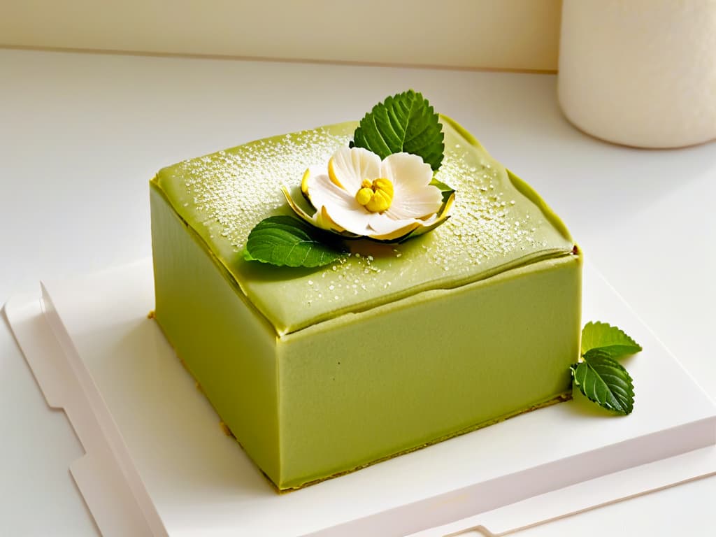  A closeup, photorealistic image of a delicate, intricately designed French pastry by Sadaharu Aoki. The pastry features layers of flaky, goldenbrown puff pastry encasing a rich, creamy matcha green tea ganache, topped with a perfectly sculpted white chocolate decoration in the shape of a blooming cherry blossom. The details of the pastry are so precise that each layer and swirl of chocolate shavings is visible, showcasing the artistry and precision of Sadaharu Aoki's pastry craftsmanship. hyperrealistic, full body, detailed clothing, highly detailed, cinematic lighting, stunningly beautiful, intricate, sharp focus, f/1. 8, 85mm, (centered image composition), (professionally color graded), ((bright soft diffused light)), volumetric fog, trending on instagram, trending on tumblr, HDR 4K, 8K