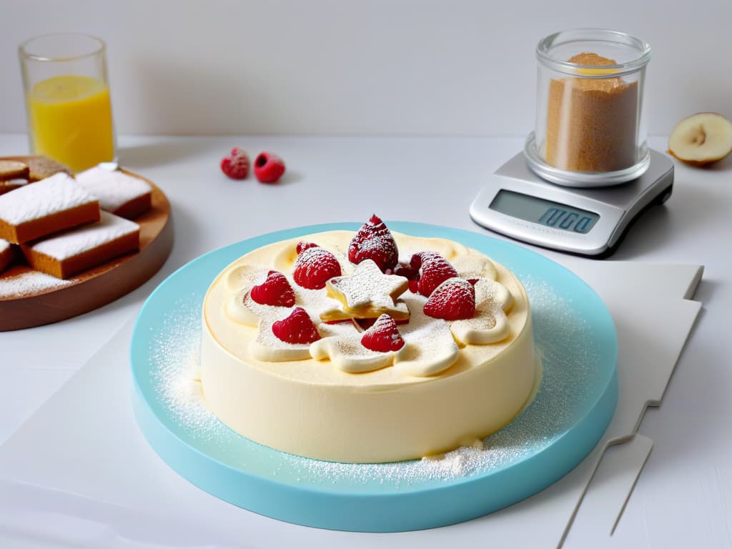  An ultradetailed 8k image of a pristine white kitchen countertop with a sleek, modern digital food scale displaying precise measurements of almond flour and stevia, a stack of lowcarb recipe books in soft pastel colors, a scattering of fresh raspberries, and a neatly arranged row of vibrant silicone baking molds in various shapes like hearts and stars. The natural light filtering through a nearby window casts a gentle, inviting glow on the scene, highlighting the intricate textures and vibrant hues of the ingredients and tools essential for diabeticfriendly baking, creating a serene yet visually captivating composition perfect for an informative article on pastrymaking for individuals with diabetes. hyperrealistic, full body, detailed clothing, highly detailed, cinematic lighting, stunningly beautiful, intricate, sharp focus, f/1. 8, 85mm, (centered image composition), (professionally color graded), ((bright soft diffused light)), volumetric fog, trending on instagram, trending on tumblr, HDR 4K, 8K