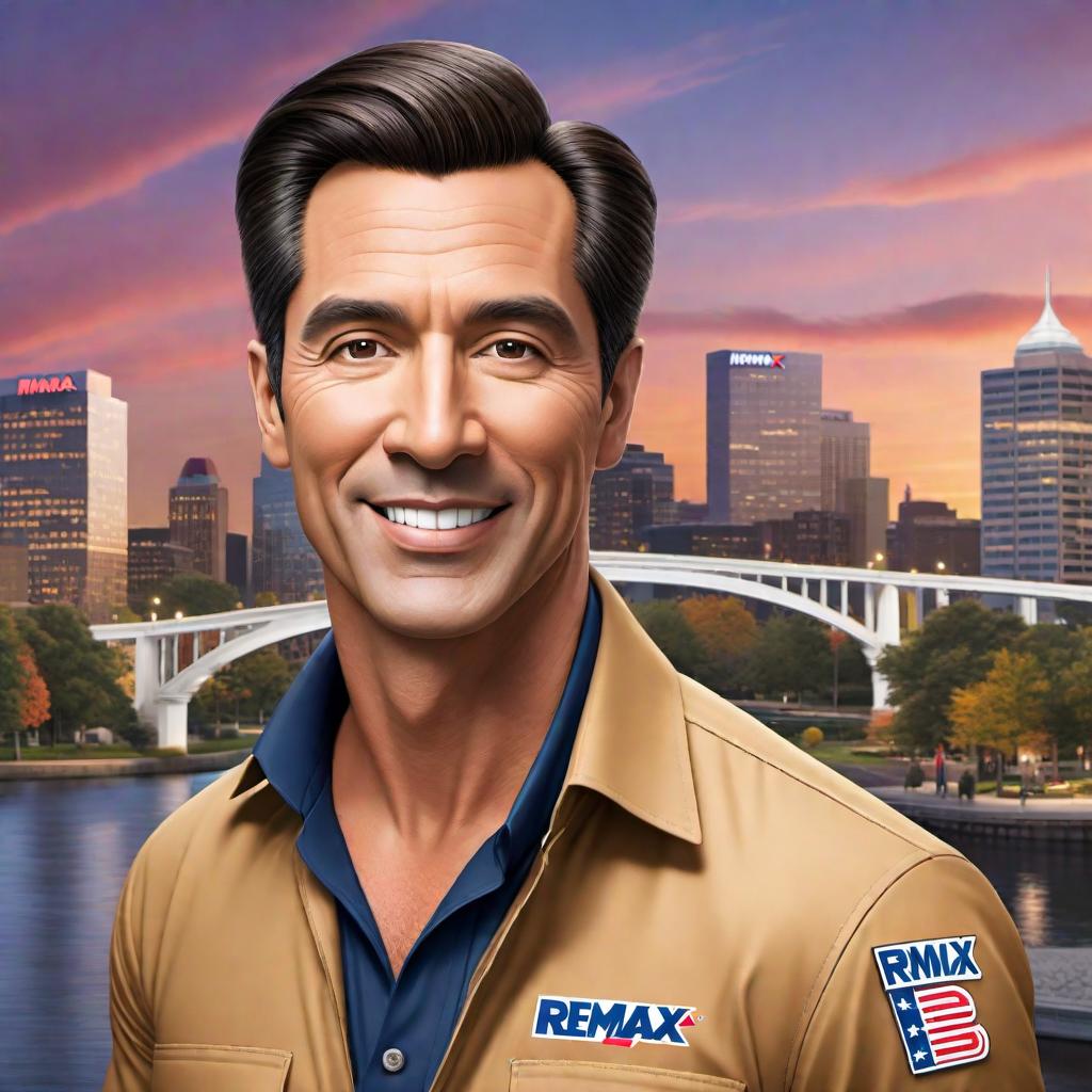  Create a cartoon version of the person in the provided image, ensuring to include the RE/MAX Fairlane Realty logo in the design. The cartoon should maintain the individual's likeness but with exaggerated, fun features typical to cartoon styling. hyperrealistic, full body, detailed clothing, highly detailed, cinematic lighting, stunningly beautiful, intricate, sharp focus, f/1. 8, 85mm, (centered image composition), (professionally color graded), ((bright soft diffused light)), volumetric fog, trending on instagram, trending on tumblr, HDR 4K, 8K