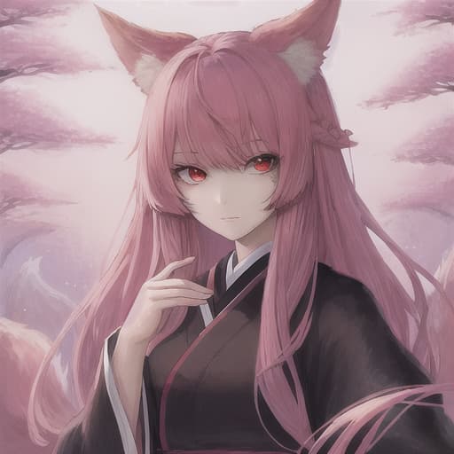 kitsune girl with pink hair and red eyes