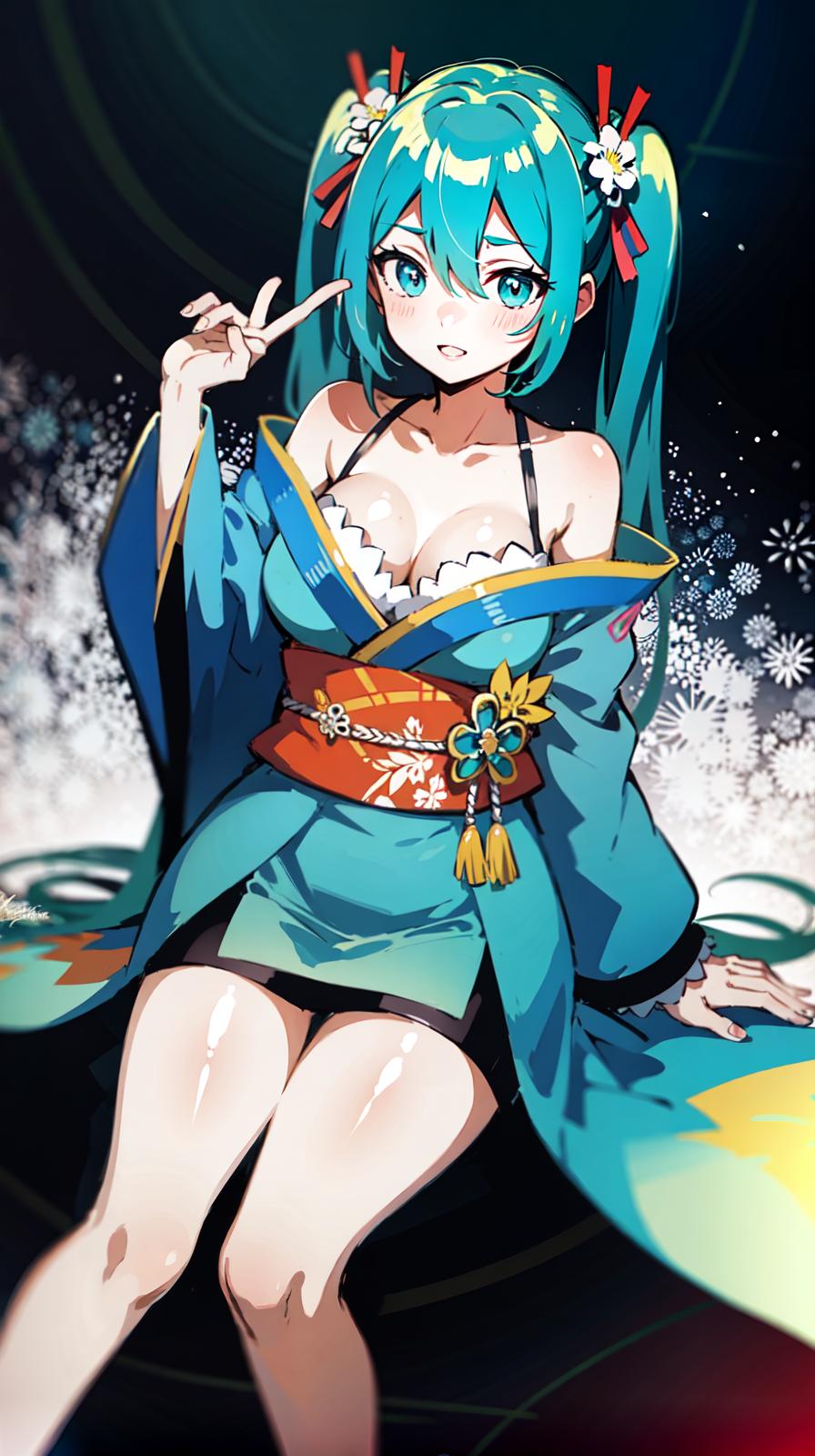  master piece , best quality,Miku Hatsune and Kimono