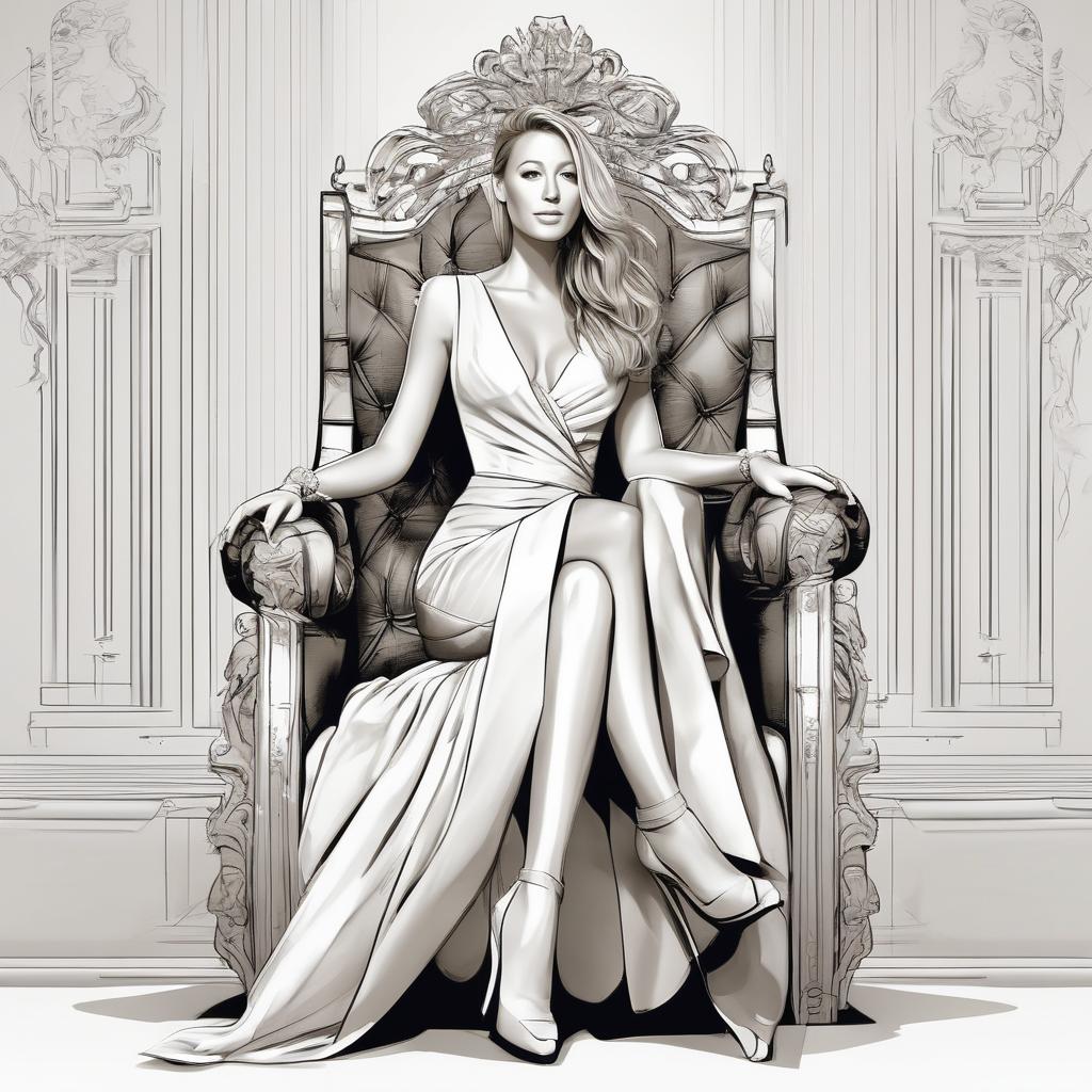  Concept art, digital illustration, logotype, clean, smooth lines, vector style, high detail, Blake Lively sitting on a throne in a dress.