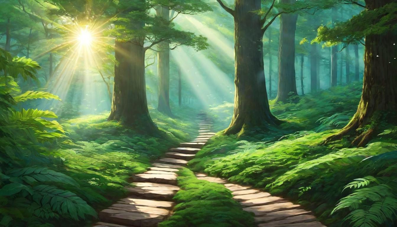  digital illustration A path winding through a tranquil forest, lit by scattered rays of sunlight, symbolizing the journey of integration and healing, peaceful, enlightening. looking at viewer, dynamic pose, (intricate details, masterpiece, best quality)