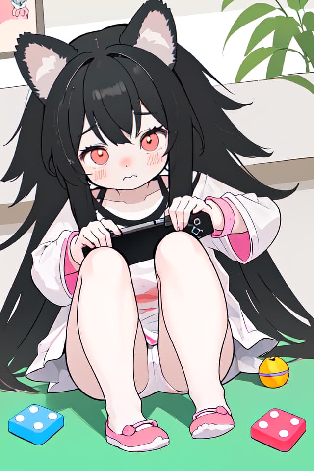  Dog girl with long hair and sagging ears loves to play games,Her shy face is so cute,gamepad,face focus,enbarred