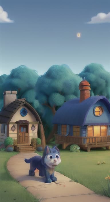  {Max walking back towards the cozy little house with droopy eyes, as twilight falls, The big blue dog is large with sky blue fur, big round eyes, a black nose, and floppy ears.