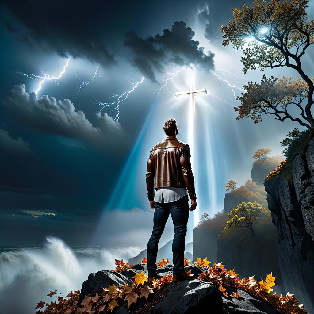  A man stands on a cliff in a hurricane, looking up at the sky where leaves are flying around, and a large cross of Jesus is shining. hyperrealistic, full body, detailed clothing, highly detailed, cinematic lighting, stunningly beautiful, intricate, sharp focus, f/1. 8, 85mm, (centered image composition), (professionally color graded), ((bright soft diffused light)), volumetric fog, trending on instagram, trending on tumblr, HDR 4K, 8K