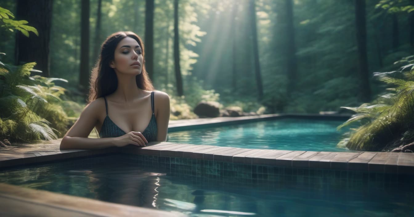  A girl is relaxing in the pool in the woods. hyperrealistic, full body, detailed clothing, highly detailed, cinematic lighting, stunningly beautiful, intricate, sharp focus, f/1. 8, 85mm, (centered image composition), (professionally color graded), ((bright soft diffused light)), volumetric fog, trending on instagram, trending on tumblr, HDR 4K, 8K