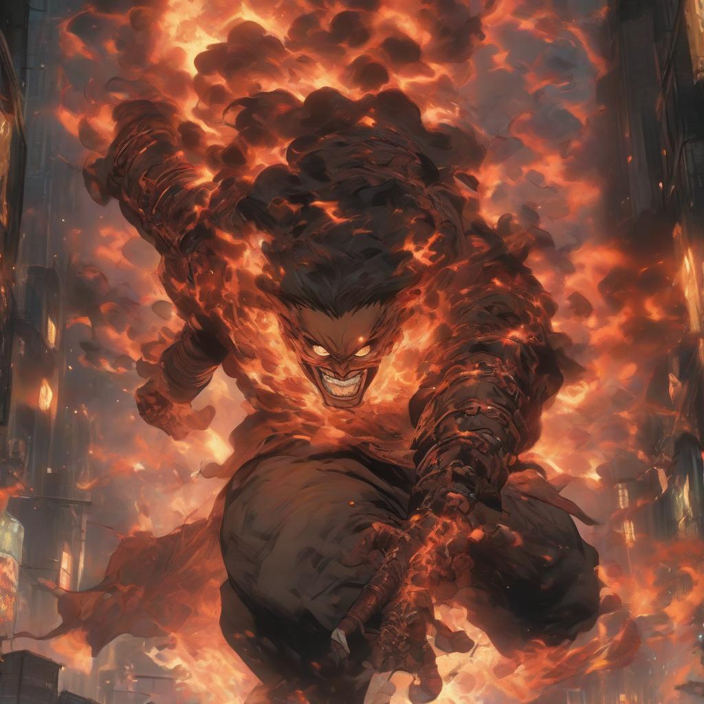  a demonic demon with chains around his neck, city on fire background, detailed anime character art, prisoner, kimetsu no yaiba, streaming on twitch, human torch, absolutely outstanding image, rising from the void, killua zoldyck portrait, the shackled, red on black, douglas smith, proto metal hyperrealistic, full body, detailed clothing, highly detailed, cinematic lighting, stunningly beautiful, intricate, sharp focus, f/1. 8, 85mm, (centered image composition), (professionally color graded), ((bright soft diffused light)), volumetric fog, trending on instagram, trending on tumblr, HDR 4K, 8K