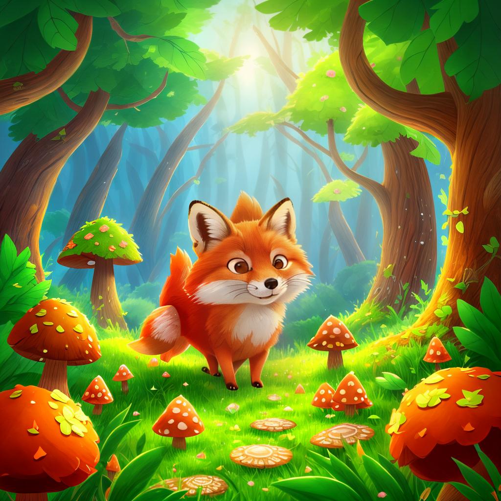 mdjrny-v4 style a red colored fox with short tail and pointy ears is running in the mushroom forest