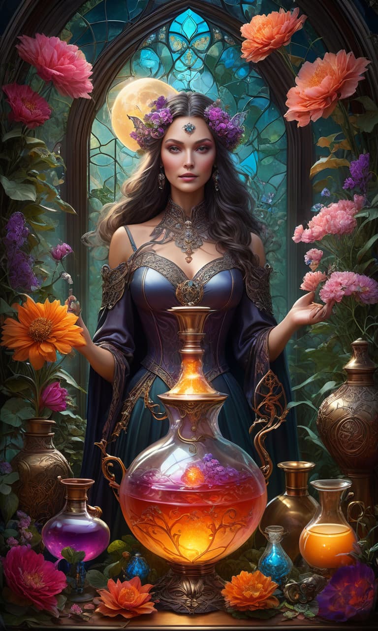  Ethereal fantasy concept art of a witch's potion in art nouveau style. Potion is in an unusually shaped vessel:: glass, patterning, hammered silver elements:: steampunk, stained glass. Background: flowering garden, potions workshop, flasks, retorts. Gorgeous, celestial, ethereal, painterly (harmony of complementary triad of colours:: glow), epic, majestic, magical, fantasy cover art. Detailed and intricate art nouveau, hyper realistic, super detailed, with bright colours, ornate, dynamic. Stylistics: fairy tale, dream, complex neo rococo decoration, fantasy abstraction, surrealism, mysticism. In the manner of Andrew Jones, Alfonso Mucha, Fragonard, James Christensen. High quality. hyperrealistic, full body, detailed clothing, highly detailed, cinematic lighting, stunningly beautiful, intricate, sharp focus, f/1. 8, 85mm, (centered image composition), (professionally color graded), ((bright soft diffused light)), volumetric fog, trending on instagram, trending on tumblr, HDR 4K, 8K