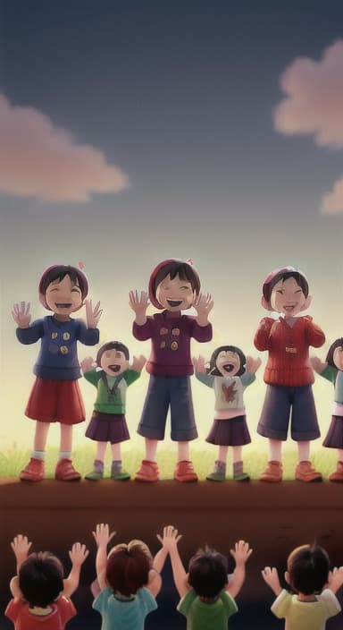  {A heartwarming scene of all the children waving goodbye with happy expressions., Children waving with wide smiles, looking grateful and content.