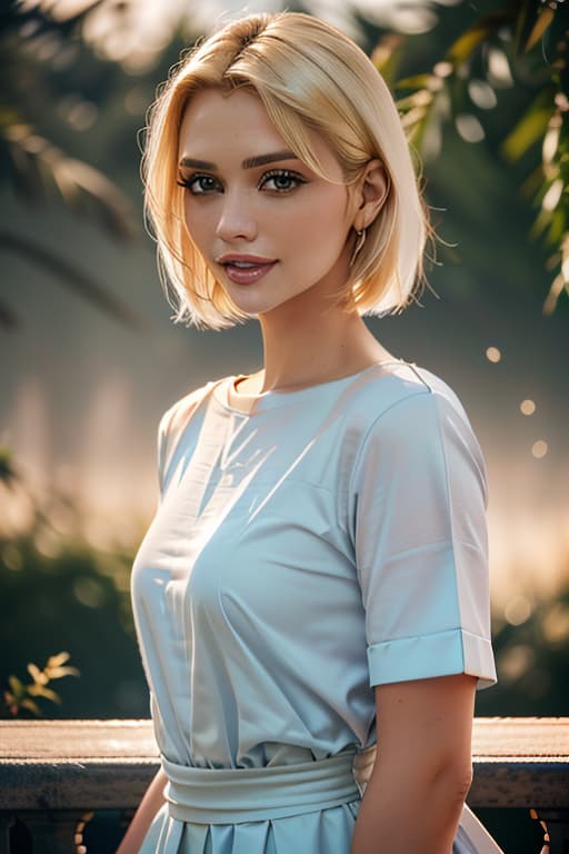  1girl,1girl,blonde short hair,straight hair,upper body shot,shirt,smile hyperrealistic, full body, detailed clothing, highly detailed, cinematic lighting, stunningly beautiful, intricate, sharp focus, f/1. 8, 85mm, (centered image composition), (professionally color graded), ((bright soft diffused light)), volumetric fog, trending on instagram, trending on tumblr, HDR 4K, 8K