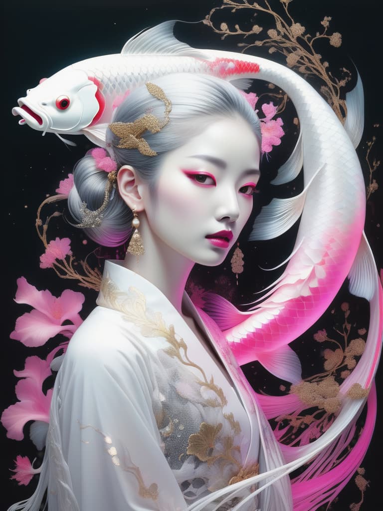  photo RAW, (Black, neon pink and magenta : Portrait of 2 ghostly long tailed white koi, woman, shiny aura, highly detailed, gold and pearly filigree, intricate motifs, organic tracery, by Android jones, Januz Miralles, Hikari Shimoda, glowing stardust by W. Zelmer, perfect composition, smooth, sharp focus, sparkling particles, lively coral reef background Realistic, realism, hd, 35mm photograph, 8k), masterpiece, award winning photography, natural light, perfect composition, high detail, hyper realistic hyperrealistic, full body, detailed clothing, highly detailed, cinematic lighting, stunningly beautiful, intricate, sharp focus, f/1. 8, 85mm, (centered image composition), (professionally color graded), ((bright soft diffused light)), volumetric fog, trending on instagram, trending on tumblr, HDR 4K, 8K