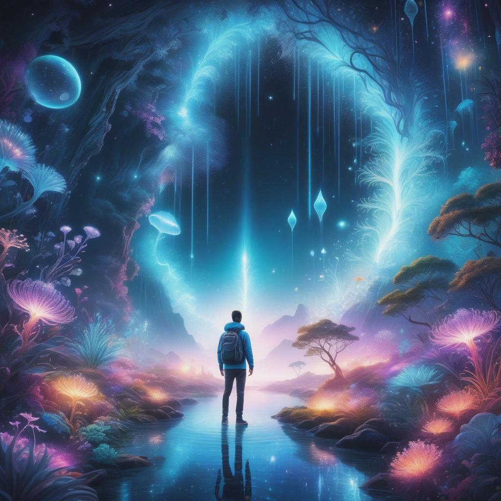  photo RAW,HD,8K, (Ultra detailed illustration of a person lost in a magical world of wonders, glowy, background, incredibly detailed, pastel colors, night, bioluminescence, ultrarealistic, hyperrealistice, hyperdetailed: shiny aura, highly detailed, intricate motifs, perfect composition, smooth, sharp focus, sparkling particles, background Realistic, (In a captivating art piece, a whimsical virtual regal amoeba blob creature takes center stage. by alex1shved This vibrant  image showcases a charming and charismatic character, reminiscent of a blob-like organism. The virtual creation is brought to life with vivid colors and impeccable detailing, capturing every intricate texture and contour. radiates with energy and showcases the high hyperrealistic, full body, detailed clothing, highly detailed, cinematic lighting, stunningly beautiful, intricate, sharp focus, f/1. 8, 85mm, (centered image composition), (professionally color graded), ((bright soft diffused light)), volumetric fog, trending on instagram, trending on tumblr, HDR 4K, 8K