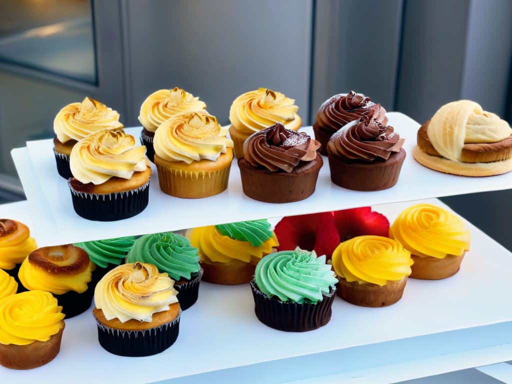  A vibrant array of freshly baked vegan pastries displayed on a sleek, modern countertop. The pastries include golden flaky croissants, decadent chocolate cupcakes topped with swirls of frosting, and delicate berryfilled tarts, all artfully arranged with sprigs of fresh mint for a pop of color. The soft natural light filtering in through a nearby window casts a gentle glow on the pastries, highlighting their mouthwatering textures and inviting presentation. hyperrealistic, full body, detailed clothing, highly detailed, cinematic lighting, stunningly beautiful, intricate, sharp focus, f/1. 8, 85mm, (centered image composition), (professionally color graded), ((bright soft diffused light)), volumetric fog, trending on instagram, trending on tumblr, HDR 4K, 8K