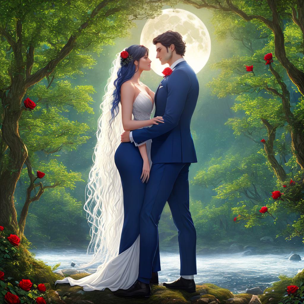  ((Masterpiece)), (((best quality))), 8k, high detailed, ultra-detailed. A painting of a man and woman facing each other in a forest with a view of the moon. The man is wearing a ((dark blue suit)) and holding a ((red rose)). The woman is wearing a ((flowing white dress)) and has ((long flowing hair)). The trees in the forest are ((tall and majestic)) with ((lush green leaves)). The moon is ((full and bright)) in the night sky, illuminating the scene with a ((soft silver light)). hyperrealistic, full body, detailed clothing, highly detailed, cinematic lighting, stunningly beautiful, intricate, sharp focus, f/1. 8, 85mm, (centered image composition), (professionally color graded), ((bright soft diffused light)), volumetric fog, trending on instagram, trending on tumblr, HDR 4K, 8K
