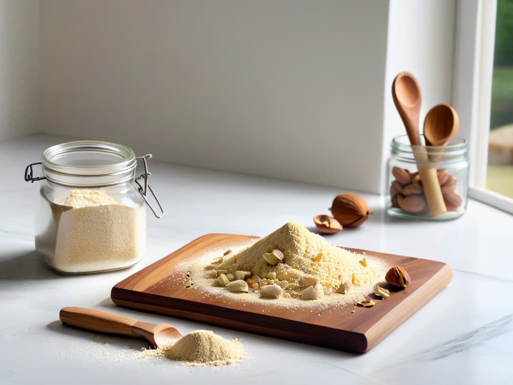  An ultradetailed image of a pristine white marble kitchen countertop with a sleek glass jar filled with finely ground almond flour, a scattering of whole almonds, and a vintage wooden rolling pin. The natural light streaming through a nearby window highlights the fine texture of the flour, casting soft shadows that add depth to the scene. The minimalist composition conveys a sense of elegance and simplicity, perfect for a professional and inspiring article on almond flour recipes. hyperrealistic, full body, detailed clothing, highly detailed, cinematic lighting, stunningly beautiful, intricate, sharp focus, f/1. 8, 85mm, (centered image composition), (professionally color graded), ((bright soft diffused light)), volumetric fog, trending on instagram, trending on tumblr, HDR 4K, 8K