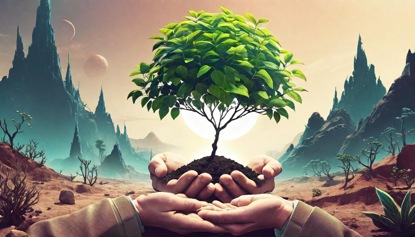  retro futuristic Steady hands holding a fragile sapling in a barren land. Nurturing growth, resilience, deep connection to the earth. lvintage sci fi, 50s and 60s style, atomic age, vibrant, highly detailed