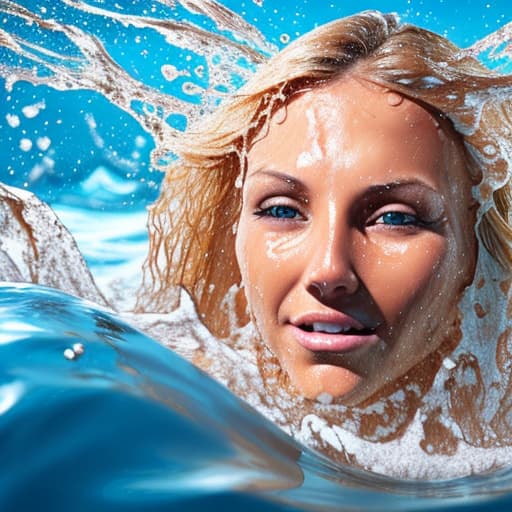  tanned blonde woman's face sinking in the water she's panic a lot of water waves and splashes around her