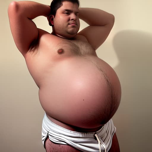  a pregnant man with a big belly. The stomach is so big that there is room for triplets. He is wearing white shorts. His stomach is bare and his belly button protrudes. There is a piercing. he has a chest without hair and on the left side a female breast that he holds with his hand. With his right hand, he holds his stomach on the lower side.