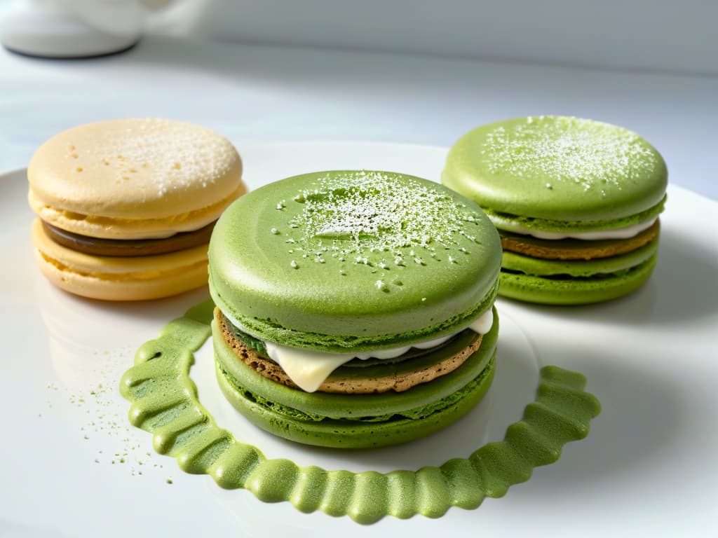  An ultradetailed closeup image of a delicate matchainfused macaron, featuring a perfectly smooth and glossy surface, adorned with a sprinkle of vibrant green matcha powder. The natural light highlights the intricacies of the macaron's texture, showcasing its crisp shell and soft, flavorful interior. The subtle play of shadows adds depth to the shot, emphasizing the elegant simplicity and exquisite craftsmanship of this delectable treat. hyperrealistic, full body, detailed clothing, highly detailed, cinematic lighting, stunningly beautiful, intricate, sharp focus, f/1. 8, 85mm, (centered image composition), (professionally color graded), ((bright soft diffused light)), volumetric fog, trending on instagram, trending on tumblr, HDR 4K, 8K