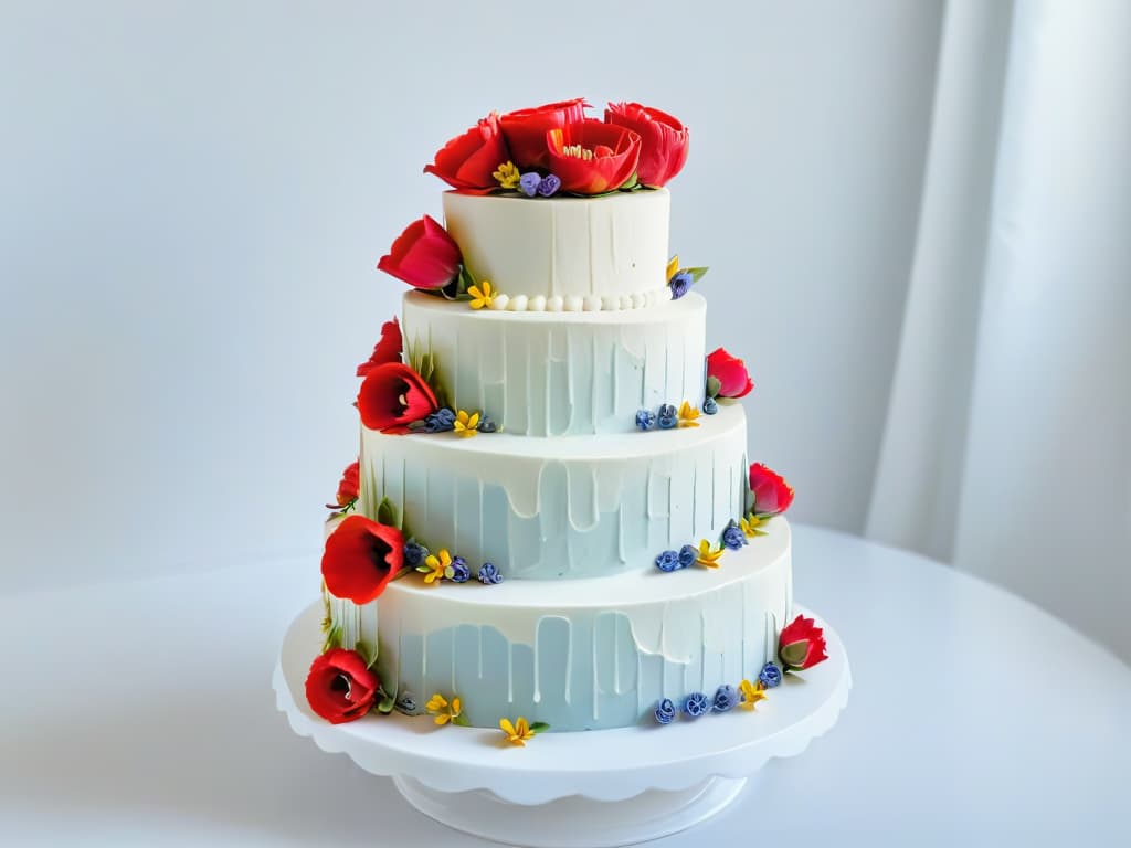  A minimalistic image of a beautifully decorated multilayered cake, featuring intricate piping details, delicate fondant decorations, and vibrant edible flowers cascading down the tiers. The cake is displayed on a sleek marble countertop against a clean, white backdrop, emphasizing the precision and artistry of the baker's creation. hyperrealistic, full body, detailed clothing, highly detailed, cinematic lighting, stunningly beautiful, intricate, sharp focus, f/1. 8, 85mm, (centered image composition), (professionally color graded), ((bright soft diffused light)), volumetric fog, trending on instagram, trending on tumblr, HDR 4K, 8K