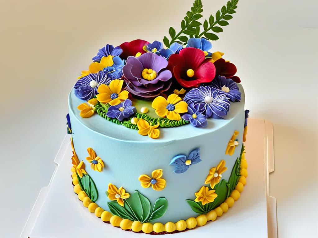  A closeup, ultradetailed image of a beautifully decorated allergenfree cake, showcasing intricate piping work with vibrant colors. The cake is adorned with edible flowers and delicate fondant decorations, set against a clean, white background to emphasize the precision and artistry of the design. hyperrealistic, full body, detailed clothing, highly detailed, cinematic lighting, stunningly beautiful, intricate, sharp focus, f/1. 8, 85mm, (centered image composition), (professionally color graded), ((bright soft diffused light)), volumetric fog, trending on instagram, trending on tumblr, HDR 4K, 8K