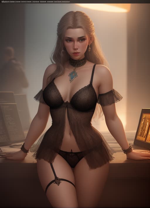  Dungeons and dragons, Female, lingerie, high detail graphics, cinematic lights, 4k, artstation, hyperrealistic, intricate details, Powerful, Rim Lighting, Diffraction Grading, RTX, by Ivan Shishkin
