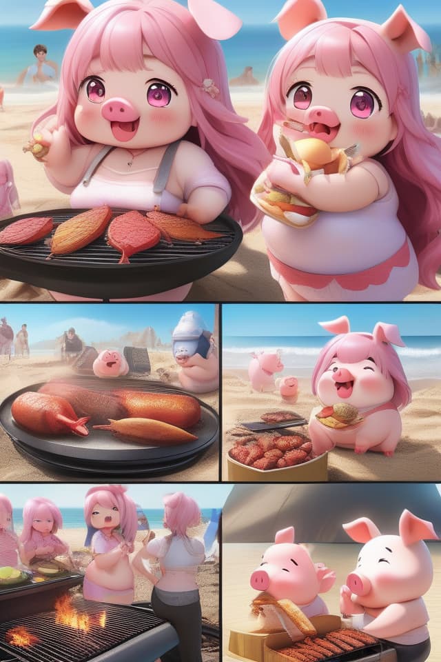  extremely obese girl、pink colored hair、((bright deep pink colored drooping pig's ears:1.4、ultra detailed plump & fat face sweaty smile:1.4、ultra detailed shiny black skin:1.4))、(((on the beach:1.4、barbecue:1.4)))、(、eating a lot of barbecue)、dutch angle、best quality:1.4、masterpiece:1.4、ultra detailed texture、RAW photorealistic、absurd resolution、8K illustration、💩、💩、💩、 hyperrealistic, full body, detailed clothing, highly detailed, cinematic lighting, stunningly beautiful, intricate, sharp focus, f/1. 8, 85mm, (centered image composition), (professionally color graded), ((bright soft diffused light)), volumetric fog, trending on instagram, trending on tumblr, HDR 4K, 8K