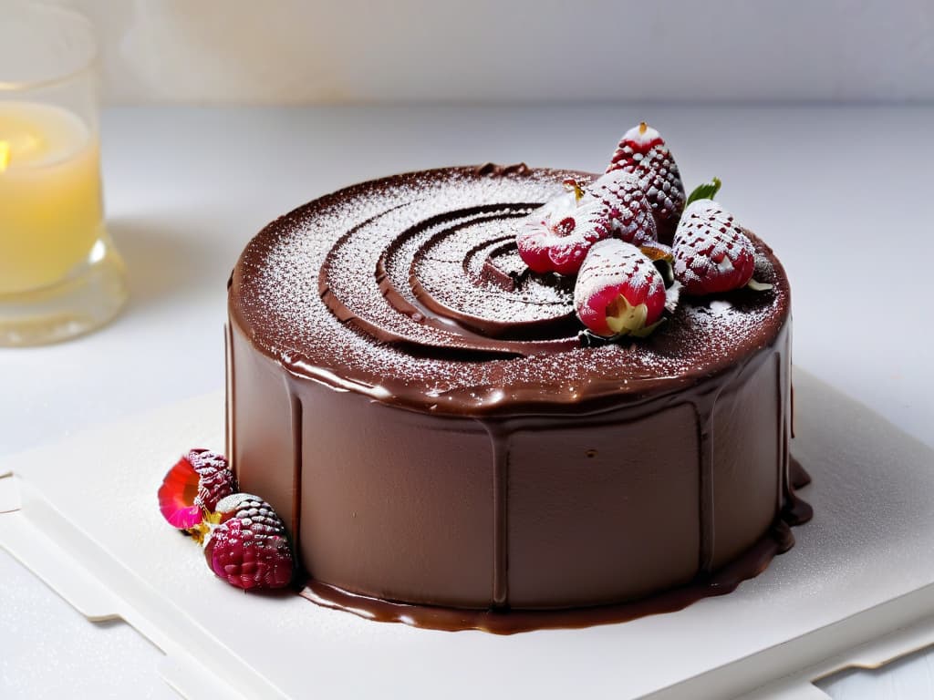  A closeup, ultradetailed image of a decadent vegan chocolate cake with a glossy ganache glaze, topped with fresh raspberries and edible flowers, all displayed on a sleek, white minimalist plate against a clean, modern backdrop. The cake is perfectly sliced to reveal its rich, moist interior, showcasing layers of velvety chocolate frosting and fluffy cake crumb, inviting the viewer to indulge in the exquisite flavors and textures of this innovative dairyfree dessert masterpiece. hyperrealistic, full body, detailed clothing, highly detailed, cinematic lighting, stunningly beautiful, intricate, sharp focus, f/1. 8, 85mm, (centered image composition), (professionally color graded), ((bright soft diffused light)), volumetric fog, trending on instagram, trending on tumblr, HDR 4K, 8K