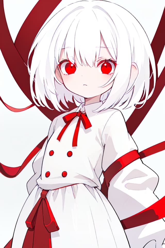  White hair, red ribbon, red eyes, whole body, quiet, Bob, white