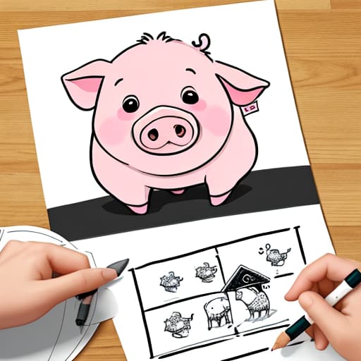  Draw a pig learning. ，