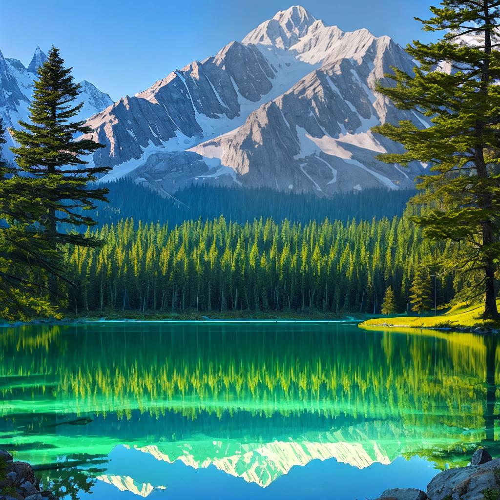  as a painting, Convey the serene majesty of towering mountains reflected in the crystal-clear waters of a tranquil alpine lake, using your unique artistic vision to evoke a sense of awe and tranquility.