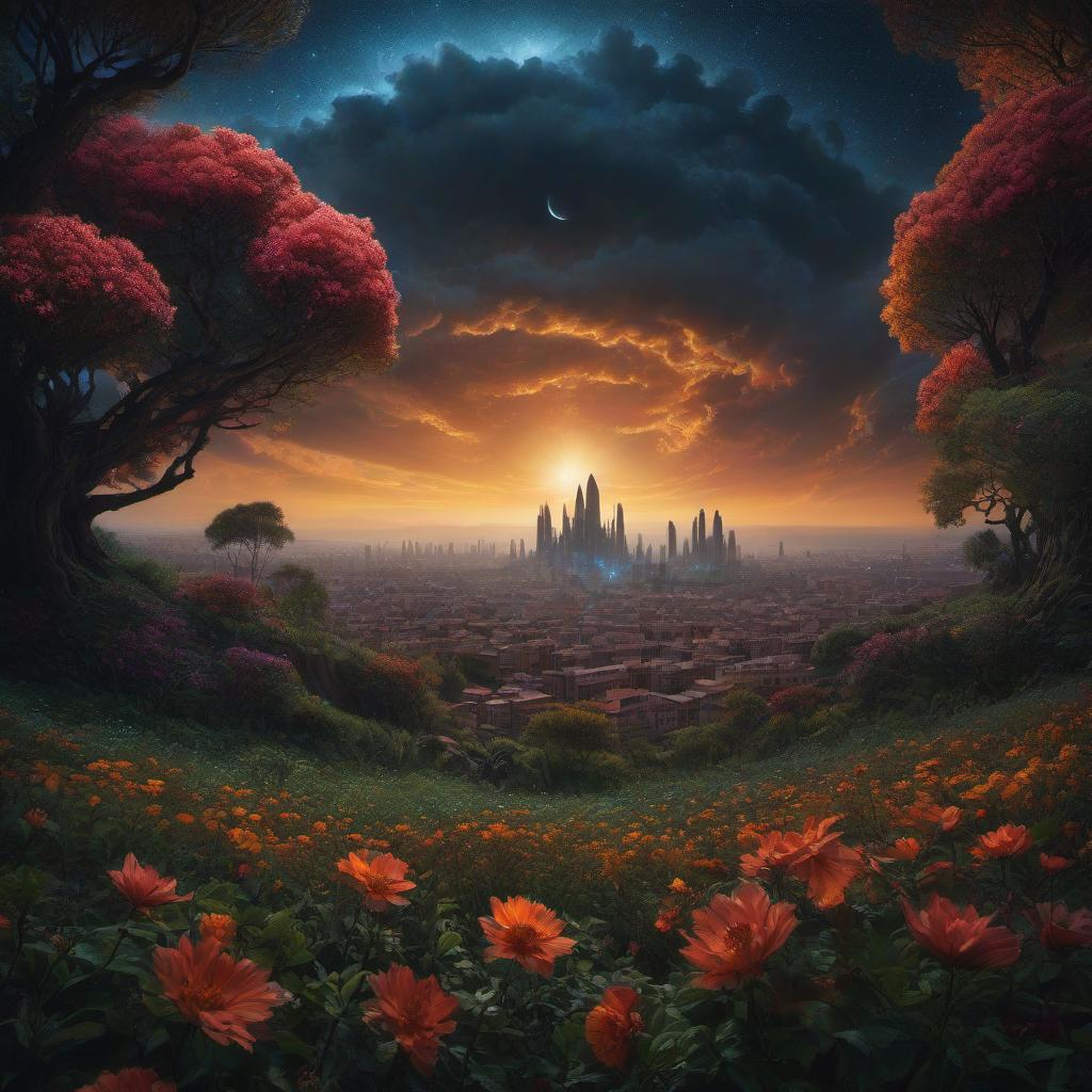  (stylized by Tomasz Alen Kopera:1.3) , dark art, dense flower field and Perseid meteor in background, landscape of a (Barcelona:1.2) , very Bizarre and 1600'S, Hurricane, Glitchcore, Amaro, layered textures, ornate, intricate artistic color, complimentary colors, very inspirational, atmosphere, fine artistic composition, sunny, theatrical hyperrealistic, full body, detailed clothing, highly detailed, cinematic lighting, stunningly beautiful, intricate, sharp focus, f/1. 8, 85mm, (centered image composition), (professionally color graded), ((bright soft diffused light)), volumetric fog, trending on instagram, trending on tumblr, HDR 4K, 8K