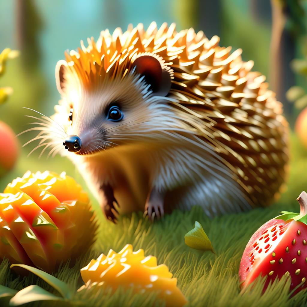  ethereal fantasy concept art of (Background) The time of year spring. A blossoming peach orchard. On the lawn a blue tablecloth with golden fringe behind the tablecloth two hedgehogs are sitting together eating a ripe watermelon slice. Ripe peaches lie on the grass around the tablecloth. . magnificent, celestial, ethereal, painterly, epic, majestic, magical, fantasy art, cover art, dreamy hyperrealistic, full body, detailed clothing, highly detailed, cinematic lighting, stunningly beautiful, intricate, sharp focus, f/1. 8, 85mm, (centered image composition), (professionally color graded), ((bright soft diffused light)), volumetric fog, trending on instagram, trending on tumblr, HDR 4K, 8K