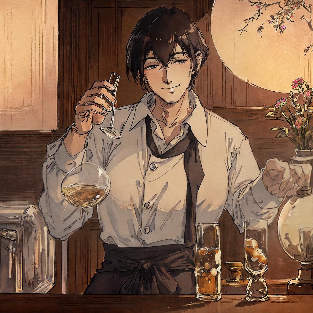  ((masterpiece)),(((best quality))), 8k, high detailed, ultra-detailed, Elderly bartender polishing a glass with a subtle smile, watching a young salesman with a glass laughing, sitting on a high stool with crossed legs, slightly intoxicated, with a dim back bar background hyperrealistic, full body, detailed clothing, highly detailed, cinematic lighting, stunningly beautiful, intricate, sharp focus, f/1. 8, 85mm, (centered image composition), (professionally color graded), ((bright soft diffused light)), volumetric fog, trending on instagram, trending on tumblr, HDR 4K, 8K