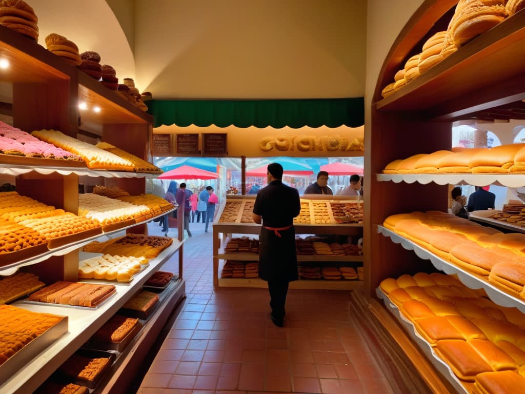  An ultradetailed image of a traditional Mexican bakery filled with colorful displays of pastries like conchas, churros, and pan dulce. The scene is bustling with bakers in white aprons and customers selecting their favorite treats, all set against a backdrop of rustic wooden shelves and traditional Mexican tile flooring. The sunlight streaming through the windows highlights the vibrant hues of the desserts, creating a warm and inviting atmosphere that captures the essence of Mexican pastry culture. hyperrealistic, full body, detailed clothing, highly detailed, cinematic lighting, stunningly beautiful, intricate, sharp focus, f/1. 8, 85mm, (centered image composition), (professionally color graded), ((bright soft diffused light)), volumetric fog, trending on instagram, trending on tumblr, HDR 4K, 8K