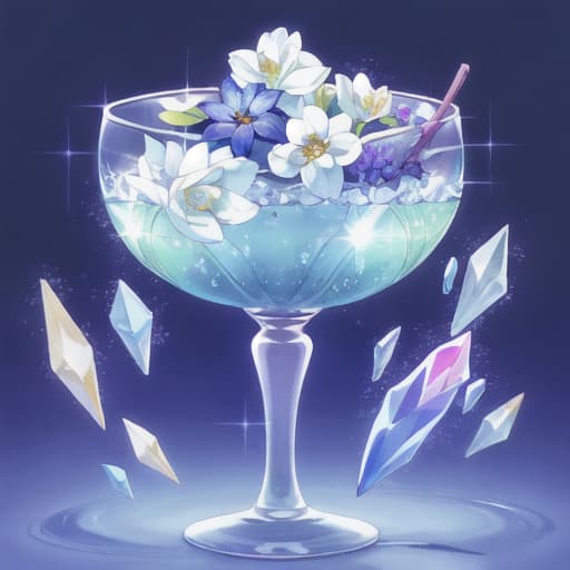  master piece , best quality,A pretty girl stands on a crystal clear glass cup. Sparkling water droplets and purple flowers float around her, against a pale blue background. Softly illuminated in a cartoon style, it features dreamy colors, pretty expressions, and delicate details.