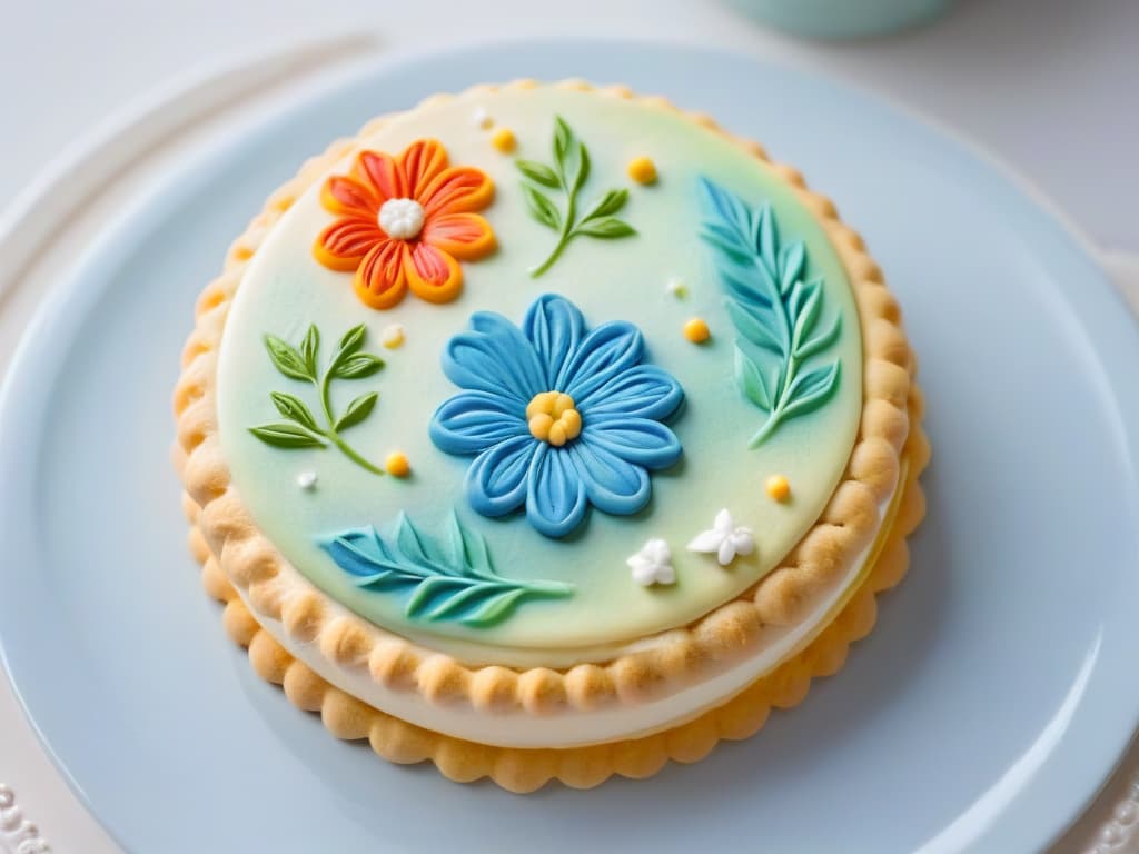  An ultrahigh resolution, minimalist image showcasing a closeup of a delicately decorated cookie with edible paint. The cookie is elegantly adorned with intricate floral patterns and vibrant colors, highlighting the artistic possibilities of using edible paints in pastry decoration. Each brushstroke is visible in stunning detail, emphasizing the precision and creativity involved in this innovative culinary technique. hyperrealistic, full body, detailed clothing, highly detailed, cinematic lighting, stunningly beautiful, intricate, sharp focus, f/1. 8, 85mm, (centered image composition), (professionally color graded), ((bright soft diffused light)), volumetric fog, trending on instagram, trending on tumblr, HDR 4K, 8K