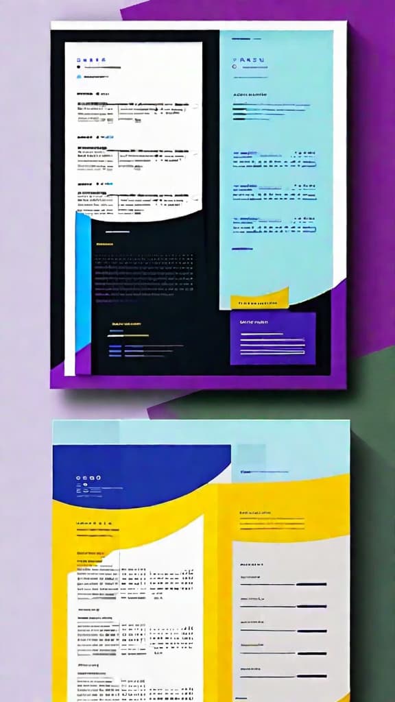  Masterpiece, best quality, help me generate a resume template, to have the form of beauty, not a lot of content, detail map, clear, high pixels, with yellow tones as the main color, blue as the secondary color, purple as the embellishment color. Color tone to be coordinated, good looking, minimalist style, high sense.