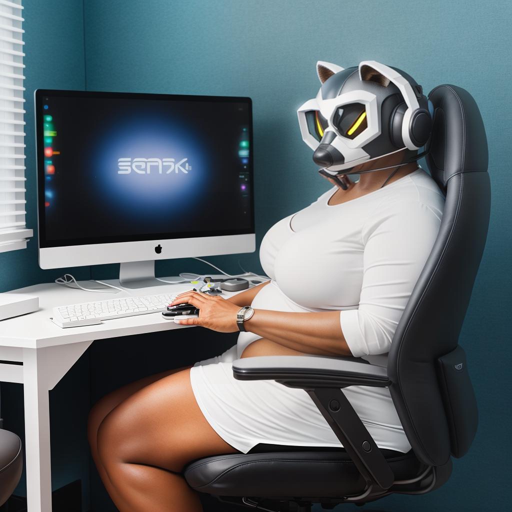  raccoon sitting in gaming chair front a computer on desktop, ((semi anthropomorphic)),(full body), tail, belly, sitting, fat, (chubby), (((white background))), solo, desktop, gaming chair, side view,  [[[clothes]]] hyperrealistic, full body, detailed clothing, highly detailed, cinematic lighting, stunningly beautiful, intricate, sharp focus, f/1. 8, 85mm, (centered image composition), (professionally color graded), ((bright soft diffused light)), volumetric fog, trending on instagram, trending on tumblr, HDR 4K, 8K