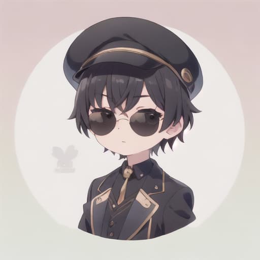  master piece , best quality,Black sunglasses, medium hat hat, black suit, 30 male, black short hair, miniature character