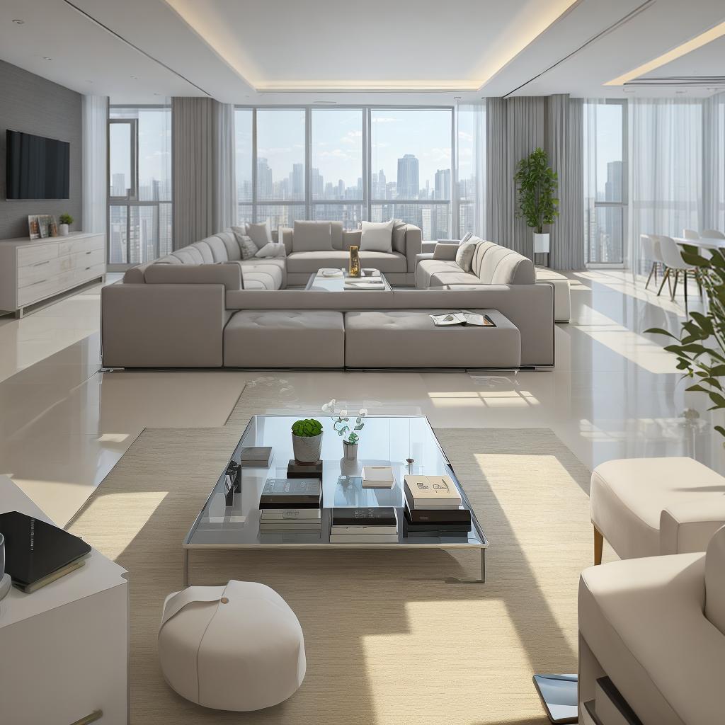  masterpiece, best quality, best quality, masterpiece, 8k resolution, high resolution apartment Living room concept art with floor-to-ceiling windows and modern furniture