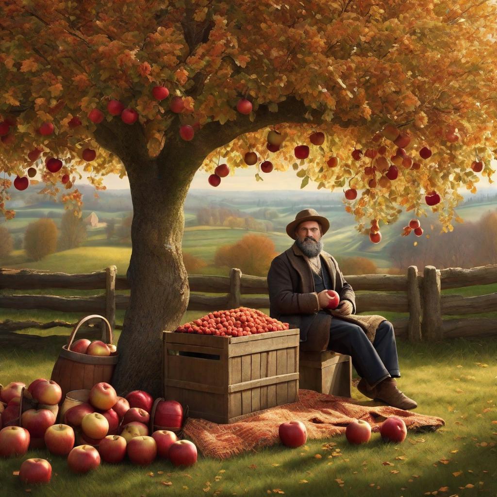  Prompt: A vint, picturesque scene set in a countryside orchard during the autumn season. The central character is a small, endearing with curious eyes, dressed in warm, comfortable clothing, perhaps a , woolen clothing with pom-pom scarves and mittens. The is standing on a rustic crate, ring at an apple tree enthusiastically. However, the apple tree stands bare, not bearing any fruits despite its lush green leaves, introducing an element of mystery. A short distance away, there is the apple tree owner, an elderly man with kind, gentle features, wearing a gardener's outfit. He is looking at the tree with a worried expression, holding a rake in his hand. The overall atmosphere of the picture exudes a sense of wonder an hyperrealistic, full body, detailed clothing, highly detailed, cinematic lighting, stunningly beautiful, intricate, sharp focus, f/1. 8, 85mm, (centered image composition), (professionally color graded), ((bright soft diffused light)), volumetric fog, trending on instagram, trending on tumblr, HDR 4K, 8K