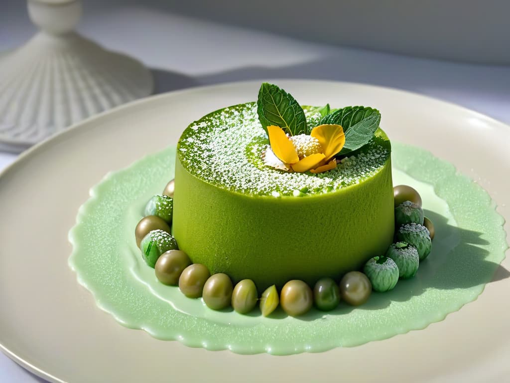  An ultradetailed image of a closeup on a slice of finger lime bursting with caviarlike pearls, surrounded by vibrant green flesh, placed on top of a decadent Australian dessert. The dessert is elegantly presented on a white plate, exuding a sense of sophistication with its intricate layers and garnishes of mint leaves and edible flowers. The lighting is soft, casting gentle shadows that enhance the texture and colors of the dessert and the finger lime. The background is blurred to keep the focus solely on the mouthwatering details of the dish. hyperrealistic, full body, detailed clothing, highly detailed, cinematic lighting, stunningly beautiful, intricate, sharp focus, f/1. 8, 85mm, (centered image composition), (professionally color graded), ((bright soft diffused light)), volumetric fog, trending on instagram, trending on tumblr, HDR 4K, 8K