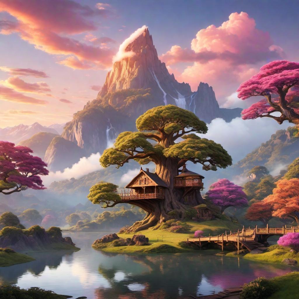  Please generate an image of a fantasy landscape with a large oak tree in the foreground that has a treehouse built into it. In the background, there should be a towering mountain range with the peak of the highest mountain touching the clouds. The setting is during sunset, so the sky should be filled with hues of pink, orange, and purple. A clear, narrow stream should wind through the meadow, reflecting the colors of the sunset. Around the oak tree, there should be fairies with glowing wings flitting about, and a unicorn grazing peacefully by the stream. The overall atmosphere should convey a sense of magic and tranquility. hyperrealistic, full body, detailed clothing, highly detailed, cinematic lighting, stunningly beautiful, intricate, sharp focus, f/1. 8, 85mm, (centered image composition), (professionally color graded), ((bright soft diffused light)), volumetric fog, trending on instagram, trending on tumblr, HDR 4K, 8K