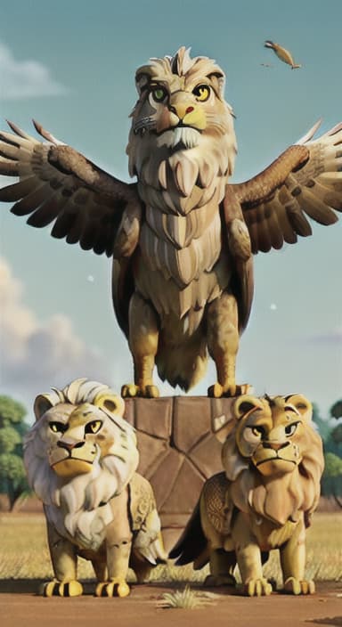  {The eagle and the lion standing side by side, ready to start a new adventure, with the savannah stretching out behind them, Eagle: A large, regal bird with golden brown feathers and piercing eyes. Lion: A strong and majestic creature with a golden mane and a confident stance