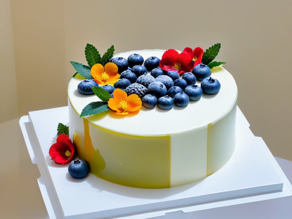  A minimalist, highresolution image of a glossy mirror cake adorned with vibrant edible flowers, fresh berries, and delicate gold leaf accents, set against a clean, white marble background. The cake's flawless mirror glaze reflects the surrounding light, creating a mesmerizing and elegant visual centerpiece that captures the essence of modern pastry artistry. hyperrealistic, full body, detailed clothing, highly detailed, cinematic lighting, stunningly beautiful, intricate, sharp focus, f/1. 8, 85mm, (centered image composition), (professionally color graded), ((bright soft diffused light)), volumetric fog, trending on instagram, trending on tumblr, HDR 4K, 8K