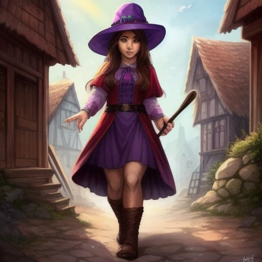  watercolor, storybook, A girl in a purple hat riding a red broomstick over a quaint village, characters include: girl with brown hair in a purple hat, red broomstick, quaint village, best quality, very detailed, high resolution, sharp, sharp image hyperrealistic, full body, detailed clothing, highly detailed, cinematic lighting, stunningly beautiful, intricate, sharp focus, f/1. 8, 85mm, (centered image composition), (professionally color graded), ((bright soft diffused light)), volumetric fog, trending on instagram, trending on tumblr, HDR 4K, 8K